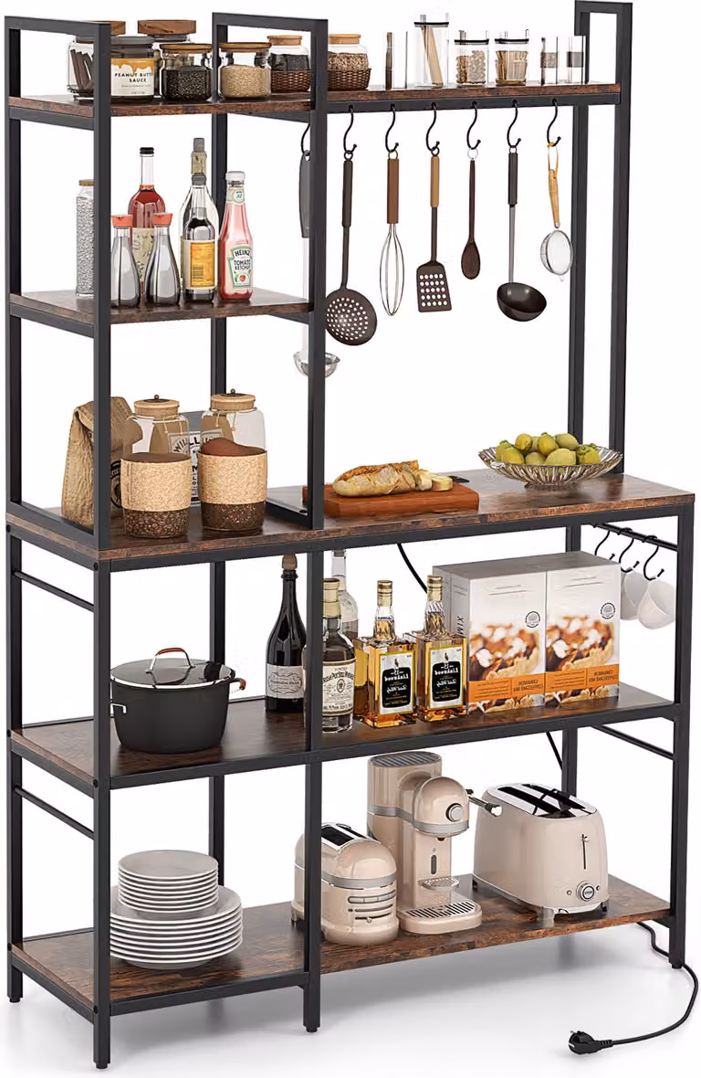 Scaffale da cucina COSTWAY, scaffale in piedi con prese, 5 ripiani scaffale per microonde con ripiani e 10 ganci a S, struttura in metallo fino a 100kg marrone vintage, 107x37x160c