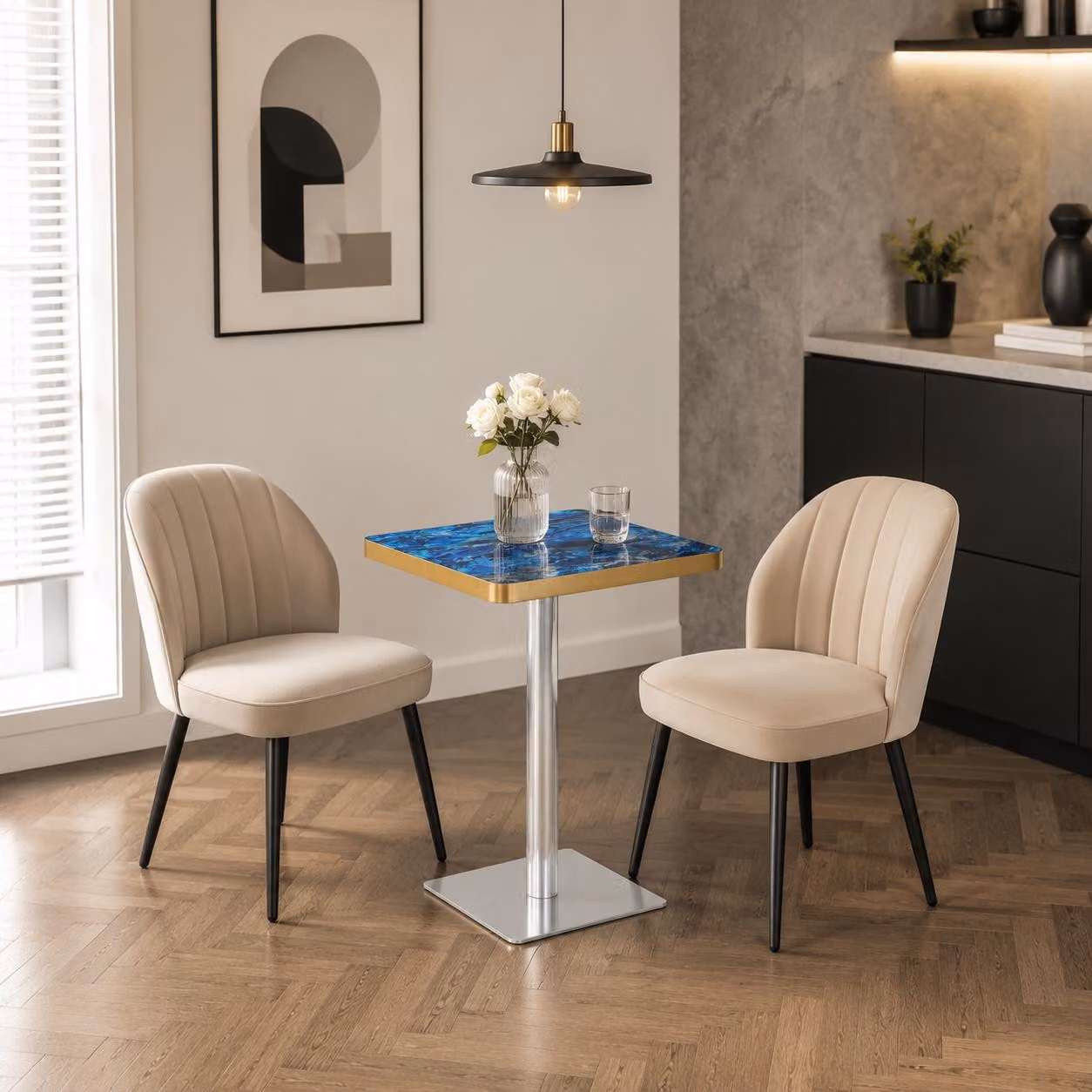 Set tavolo e sedie, tavolo rotondo da 60 cm, MDF, 2 sedie in velluto, schienale a forma di petalo (colore blu)