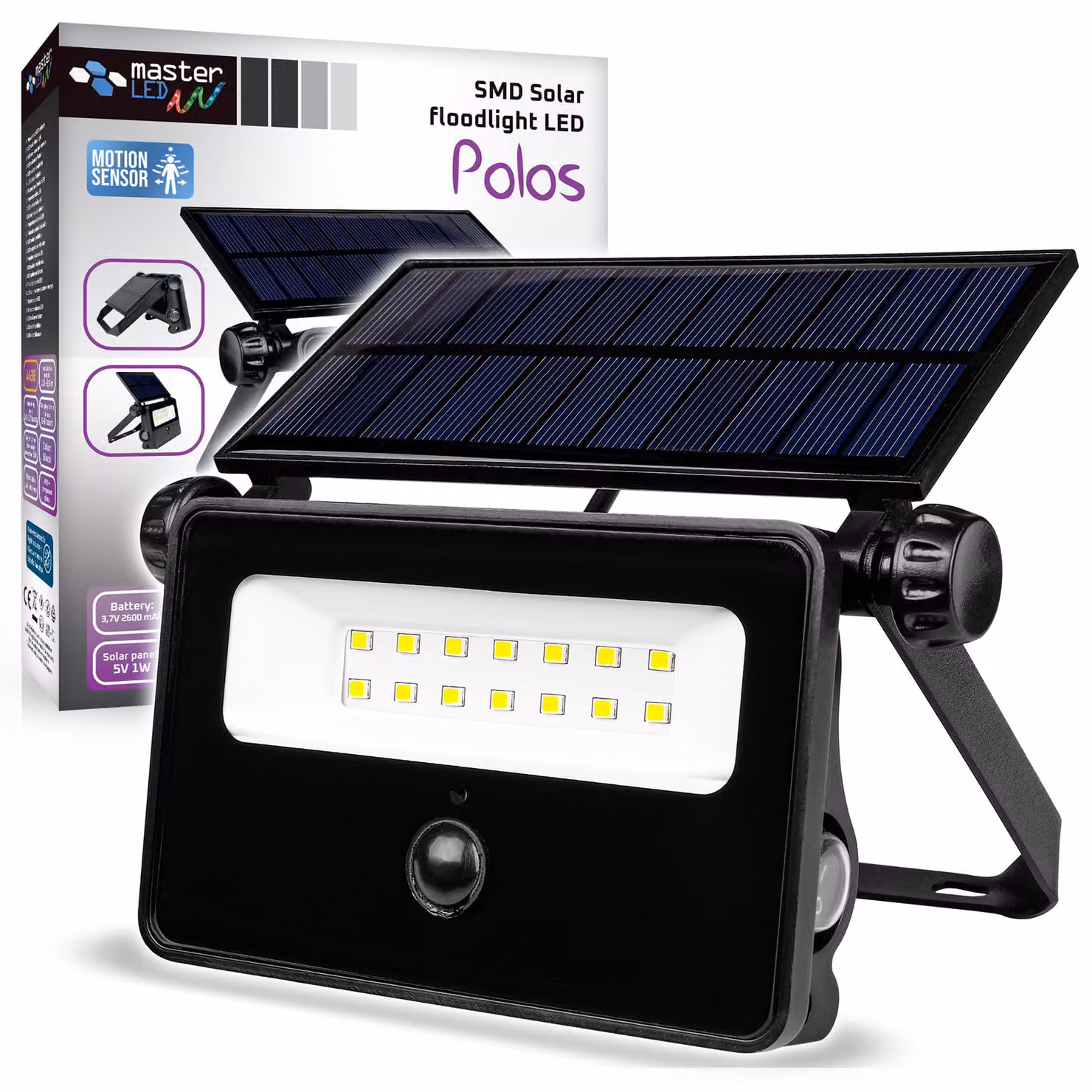 MasterLED Proiettore solare 20W 800lm Lampada solare senza fili per esterni IP54, 4500K, sensore PIR e sensore crepuscolare, luce a parete per giardino nero
