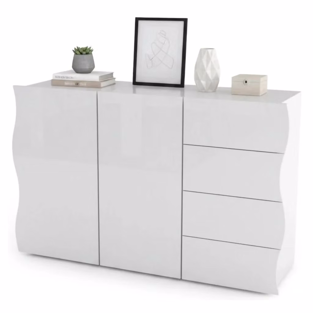 Credenza Aksa DMORA, Madia di design con 2 ante e 4 cassetti, Mobile porta TV e Buffet per soggiorno, Bianco lucido, L: 124 cm, P: 40 cm, H: 81 cm – 2