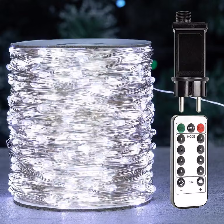 Catena luminosa a LED, 200 metri, 2000 LED, luce bianca fredda, con telecomando