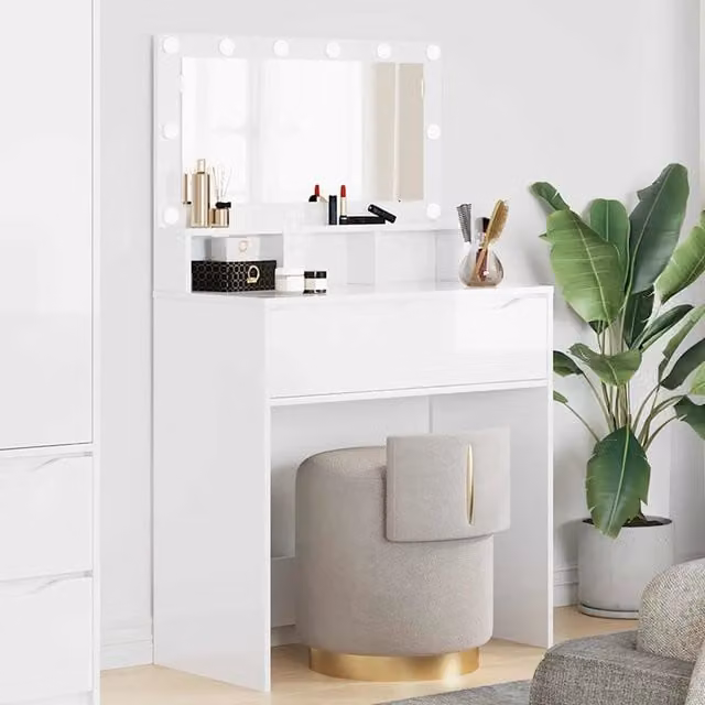 Tavolo da trucco moderno con LED vidaXL in bianco lucido L: 135 cm, P: 39,5 cm, H: 80 cm