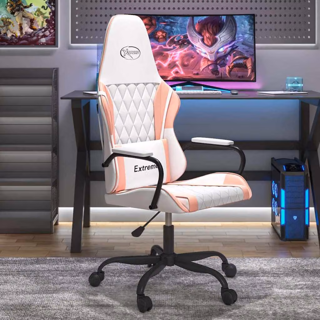 Sedia da Gaming vidaXL Bianco e Rosa in Similpelle con Poggiatesta e Ruote