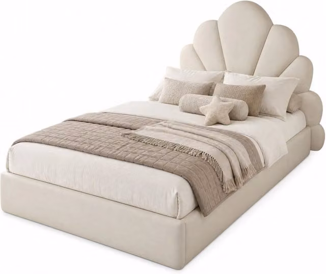 Letto singolo 90x200 in velluto beige， testiera a petali， senza materasso