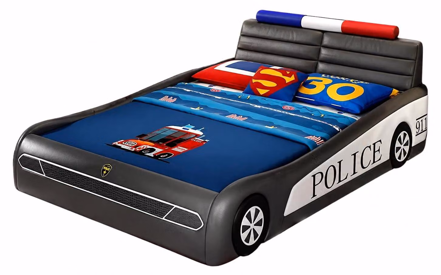 Letto a forma di auto della polizia, colore nero, con luci LED, ideale per bambini