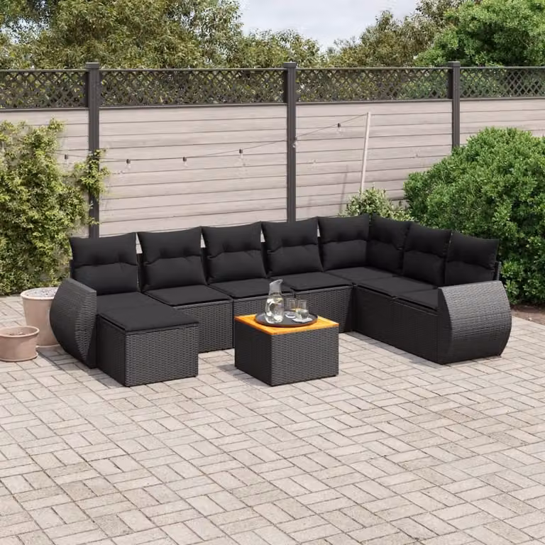 Set Divani da Giardino vidaXL 9 pz in Polyrattan Nero con Cuscini e Tavolino da Esterno