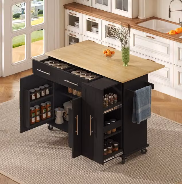 Isola cucina con piano ribaltabile; organizer estraibile a 3 livelli; MDF; nero/naturale