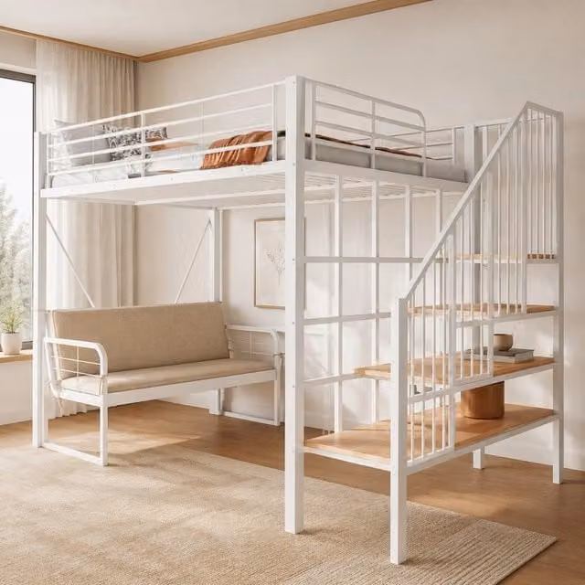 Letto a castello REDOM in metallo e MDF bianco con scala contenitore e scomparti laterali L/P/H: 200 x 140 x 170 cm
