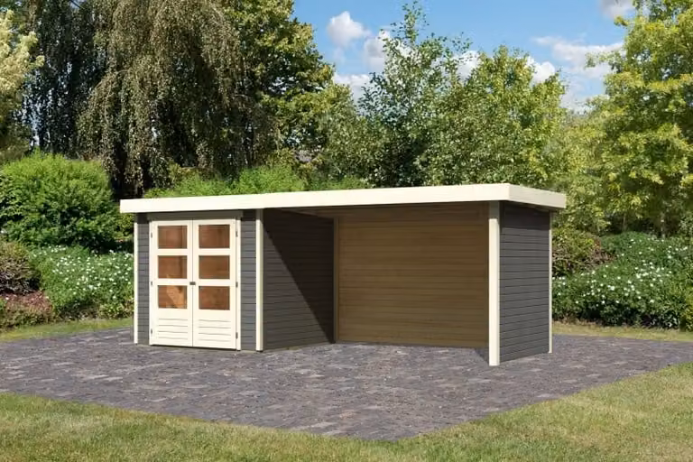Casetta da giardino Woodfeeling Askola 2 in set con tetto aggiuntivo, larghezza 2,80 m e pareti laterali e posteriore da 19 mm, colore grigio terra; 82922