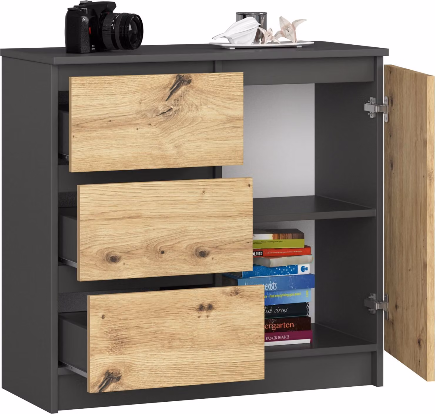 BDW, cassettiera, 3 cassetti, 1 anta, armadio, credenza, grigio / rovere Artisan
