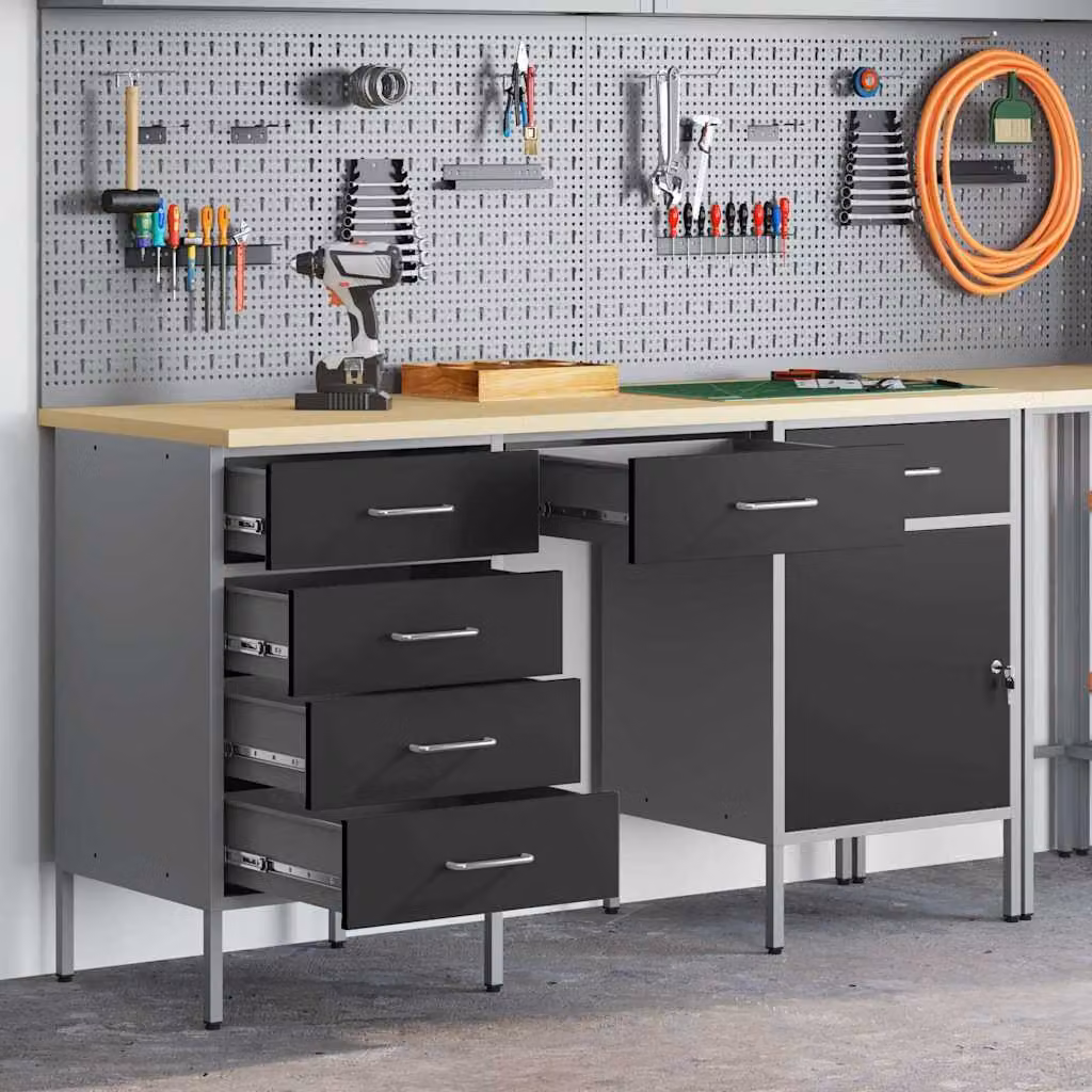 Set di 3 carrelli mobile da lavoro vidaXL in acciaio e legno ingegnerizzato colore nero
