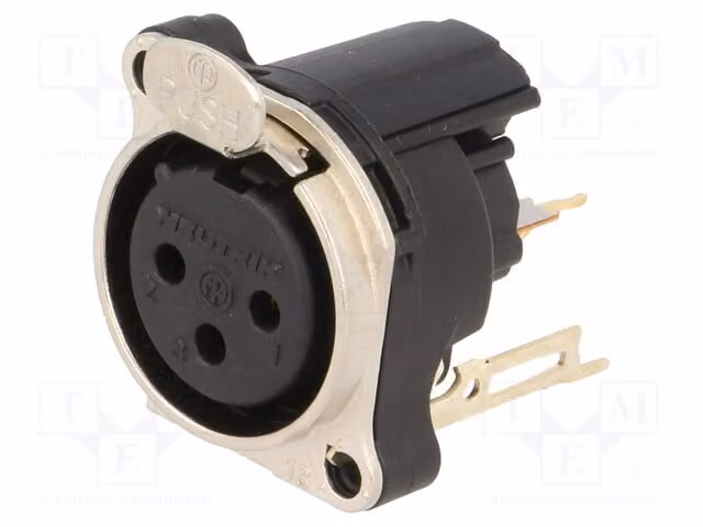 1 connettore femmina a montaggio su circuito stampato NC3FBV2, con pulsante e angolo di 90°, con 3 pin