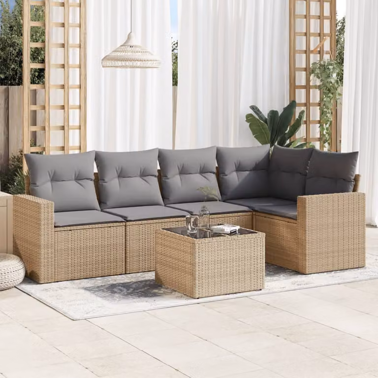 vidaXL Set Divano da Giardino a L 6 pz in Polyrattan con Cuscini Beige e Grigio