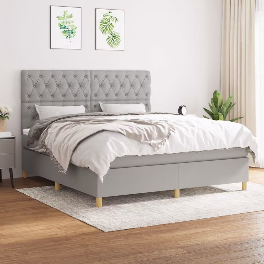 The Living Store Letto a molle con materasso grigio chiaro 160x200 cm in tessuto