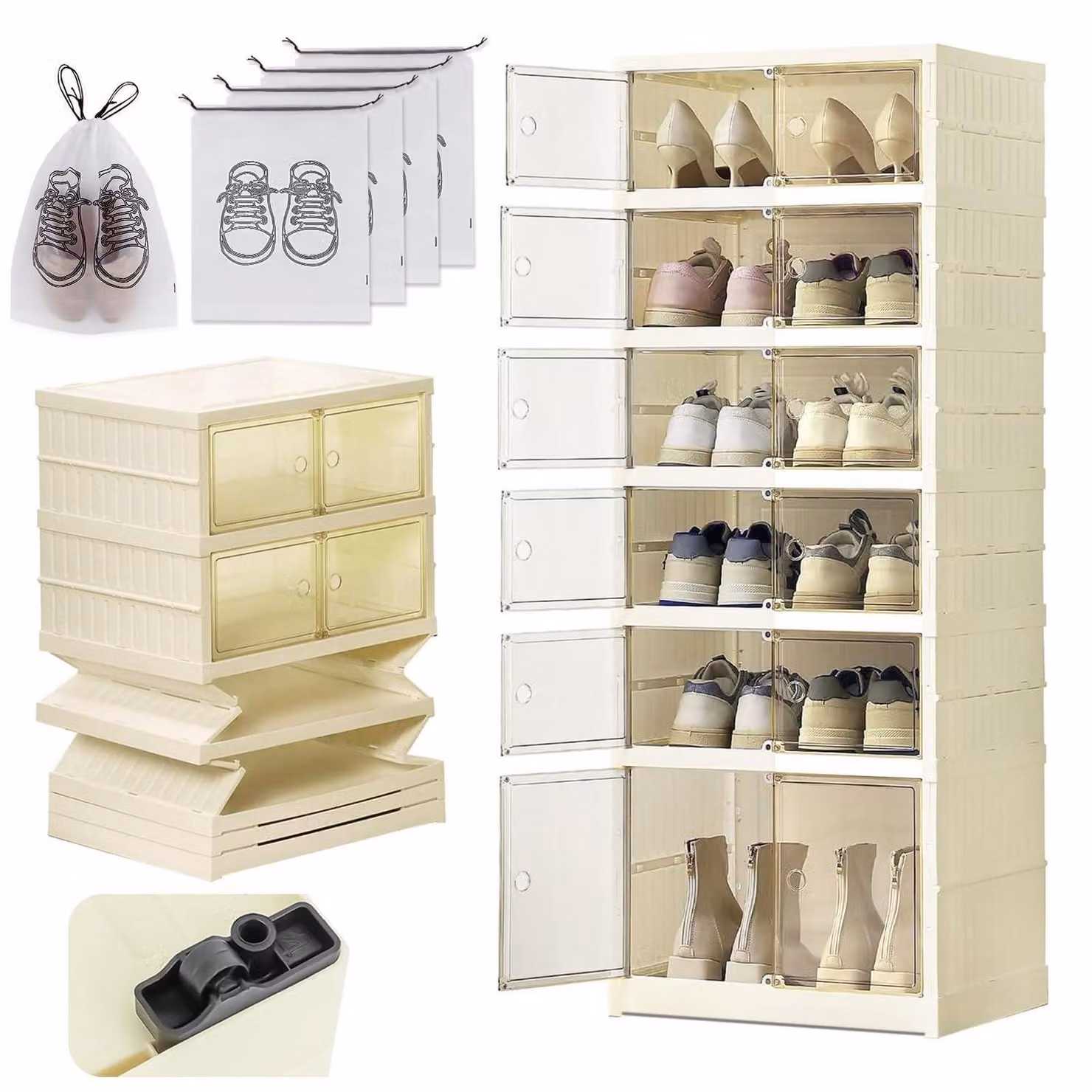 Scatole per scarpe impilabili, trasparenti, pieghevoli, con chiusura magnetica, per 12 paia di scarpe, fino alla taglia 46, colore bianco