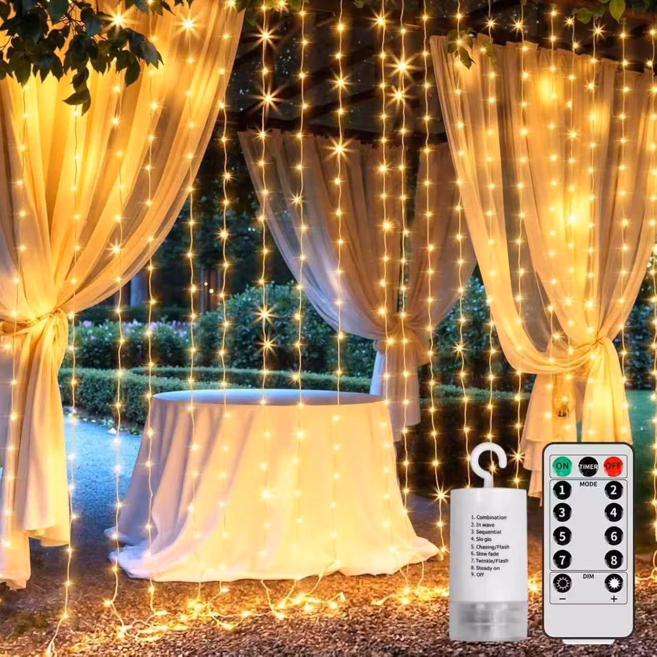 Luci a tenda, luce bianco caldo, 600 LED, con telecomando, timer, impermeabili