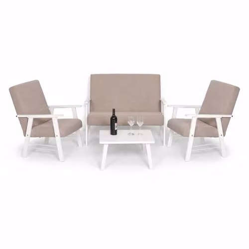MA MAISON Set Salottino da Giardino in Legno Bianco - Divano, Poltrone, Tavolo, in Tessuto, Imbottito, Braccioli, da Arredo, per Soggiorno, Terrazza, Resistente, Moderna - Made in Italy (Beige)