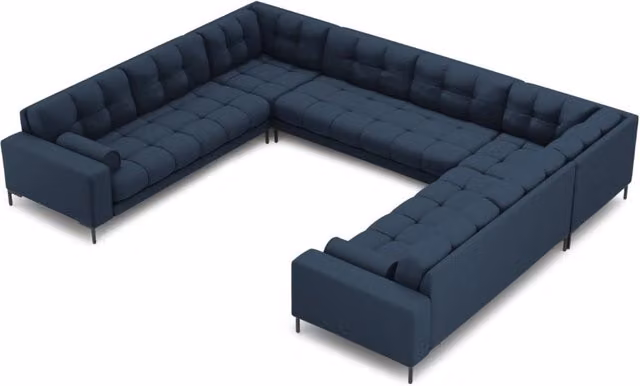 Divano panoramico Bali a 9 posti Cosmopolitan Design in tessuto blu con struttura in metallo e forma a L