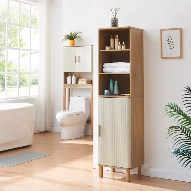 Armadio da Bagno a Colonna Ferrersp en.casa con Anta e Ripiani, Effetto Rovere e Avena, H 160 x L 42 x P 35 cm