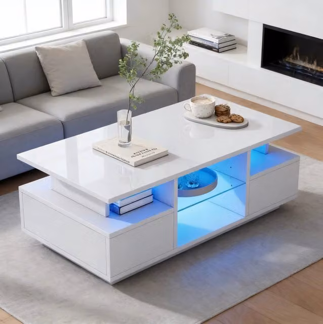 Tavolino da Salotto Bianco Lucido 100x50x36 cm con 2 Cassetti e Illuminazione LED
