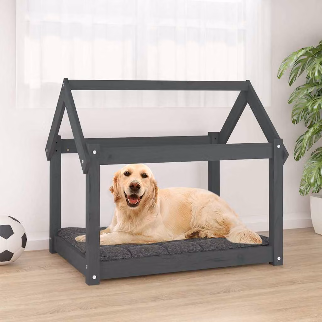 Cuccia per cani vidaXL in legno di pino massello, colore grigio, L 81 cm x P 60 cm x H 70 cm