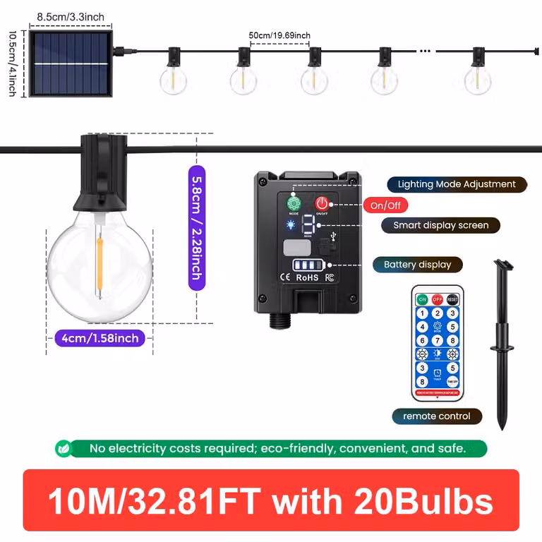 Catena luminosa a LED solare con lampadine a forma di sfera - Alimentazione a energia solare - 10 metri, 20 lampadine - Telecomando - Timer con 8 modalità di illuminazione - Lampadine resistenti agli urti - Grado di protezione IP44