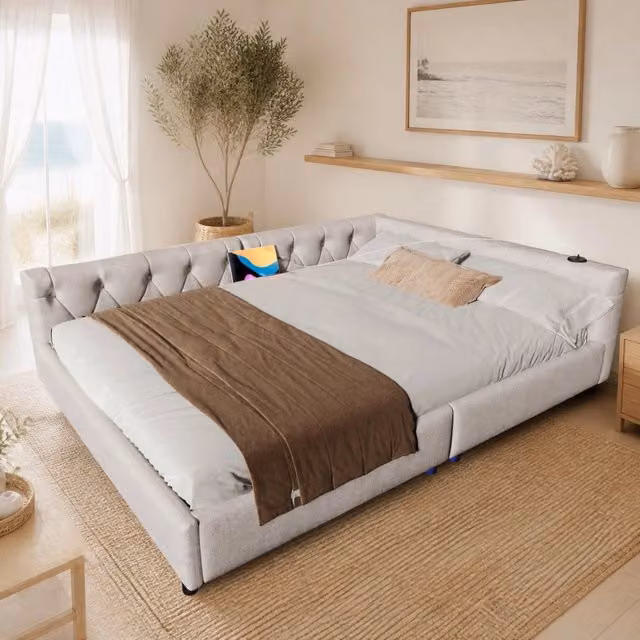 Divano letto moderno in tessuto con illuminazione LED e porte di ricarica USB e Type-C, L/P: 140 x 200 cm