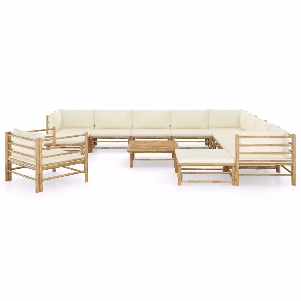 set da salotto da giardino da 12 pezzi con cuscini in bambù bianco crema