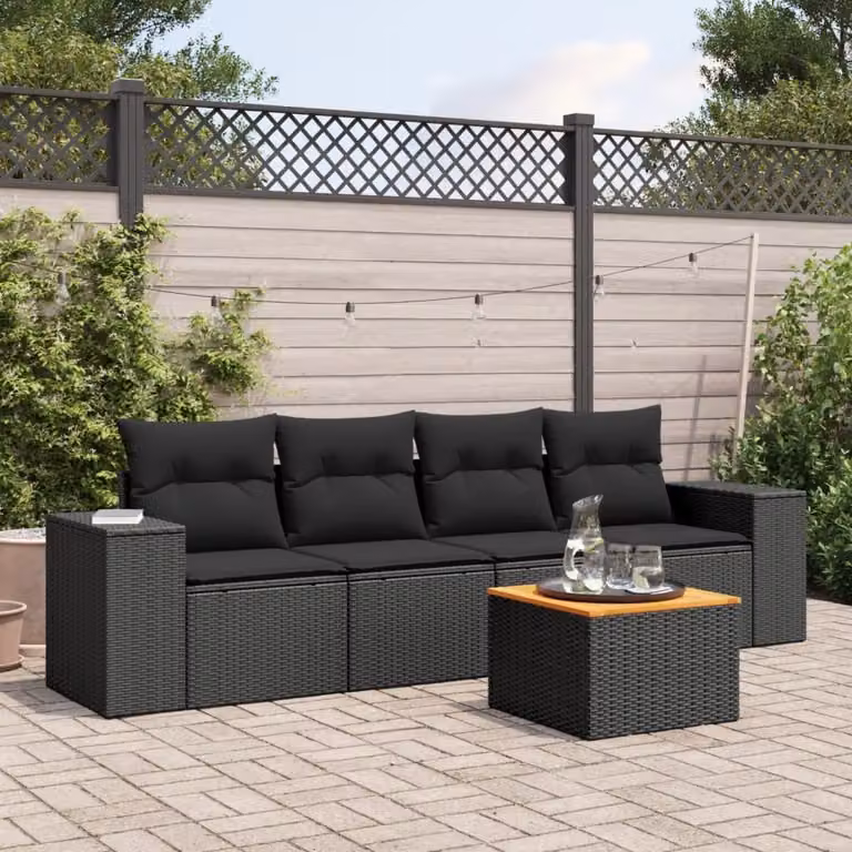 Set da giardino vidaXL composto da 5 pezzi in polyrattan nero con cuscini inclusi