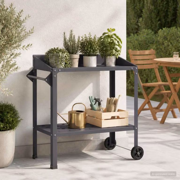 vidaXL Tavolo da vaso moderno in metallo con ruote, antracite, L: 96 cm, P: 50 cm, H: 89 cm
