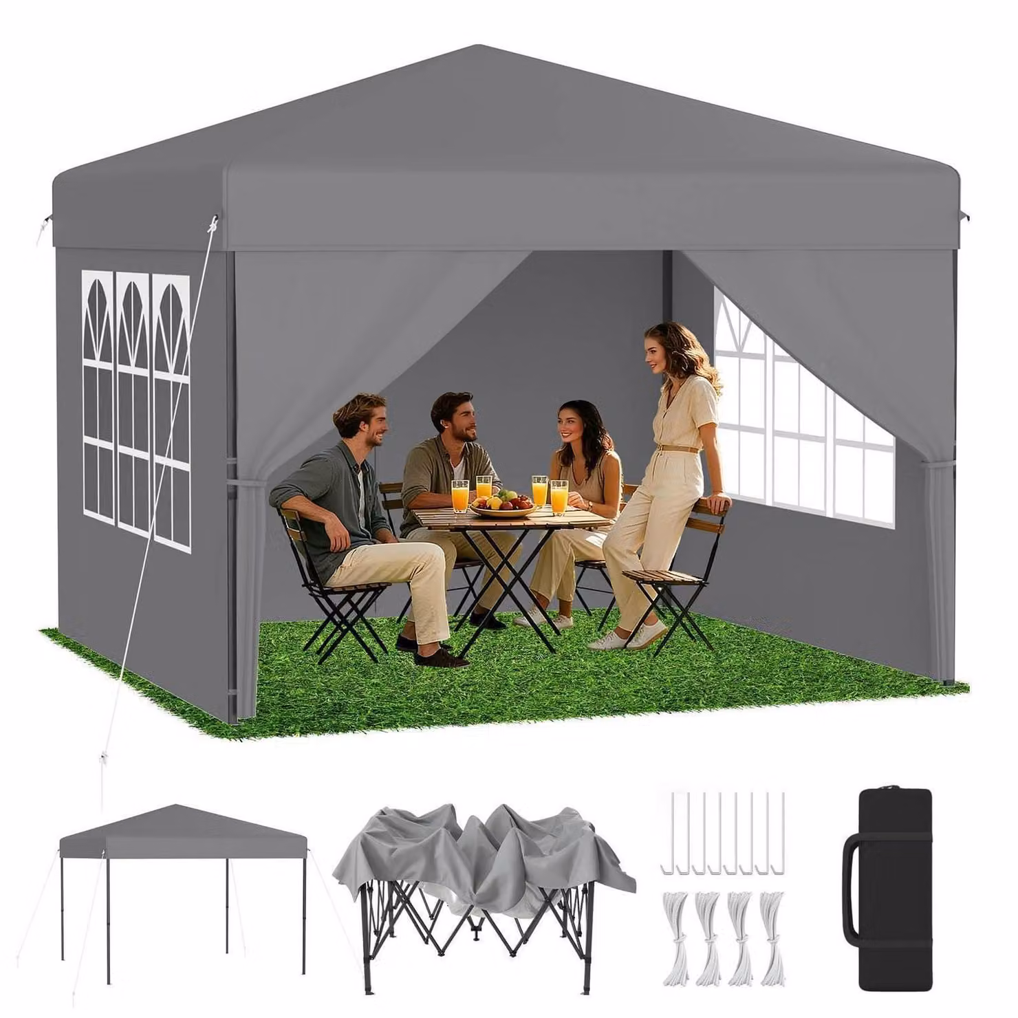 Padiglione pop-up di 3x3 metri con sistema di sollevamento a un tocco, regolazione dell'altezza in 3 posizioni (240-260 cm), colore grigio argento, completo di 4 pannelli laterali