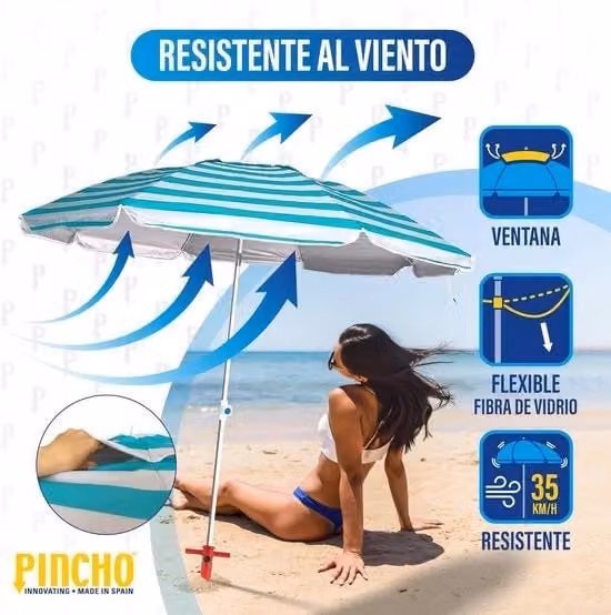 Parasole per spiaggia 200 cm in alluminio UPF+50 - Blocca il 99% delle radiazioni UV - 8 stanghe in fibra di vetro - Molto leggero - 15 kg - Rami superiori