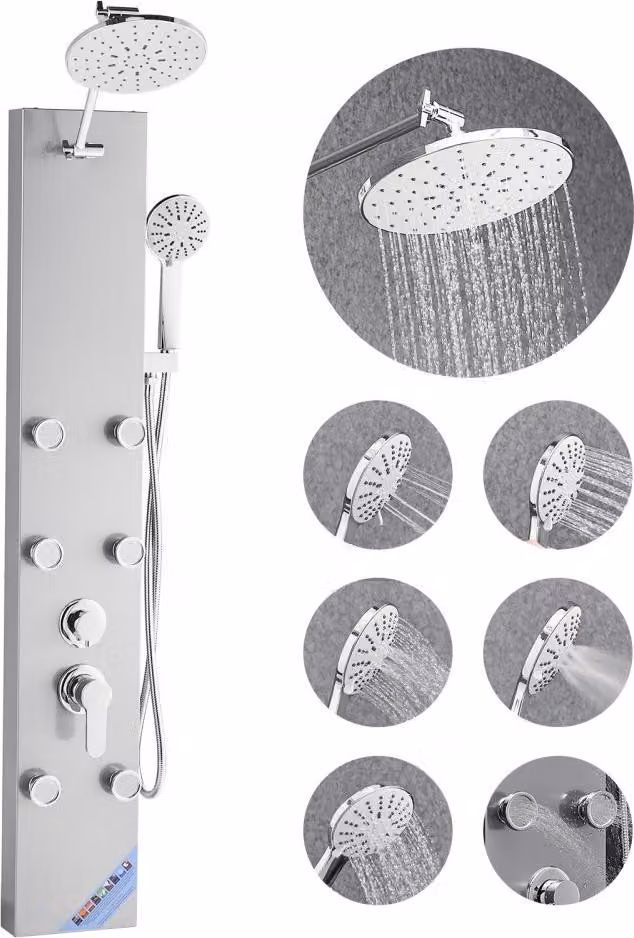 Pannello doccia a colonna - 124 cm - Acciaio inossidabile spazzolato - Doccia a pioggia, doccetta manuale, getti massaggio