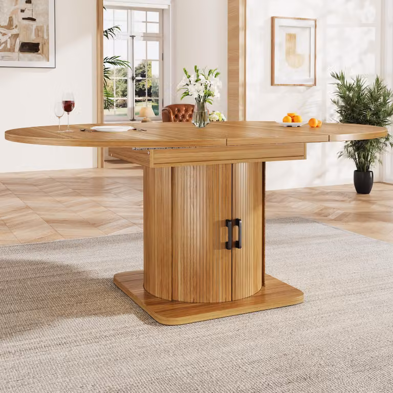Tavolo da pranzo allungabile con cassetti Flieks, allungabile in forma ovale, può ospitare fino a 6 persone, tavolo da pranzo, 118-158 x 118 x 76 cm, marrone scuro