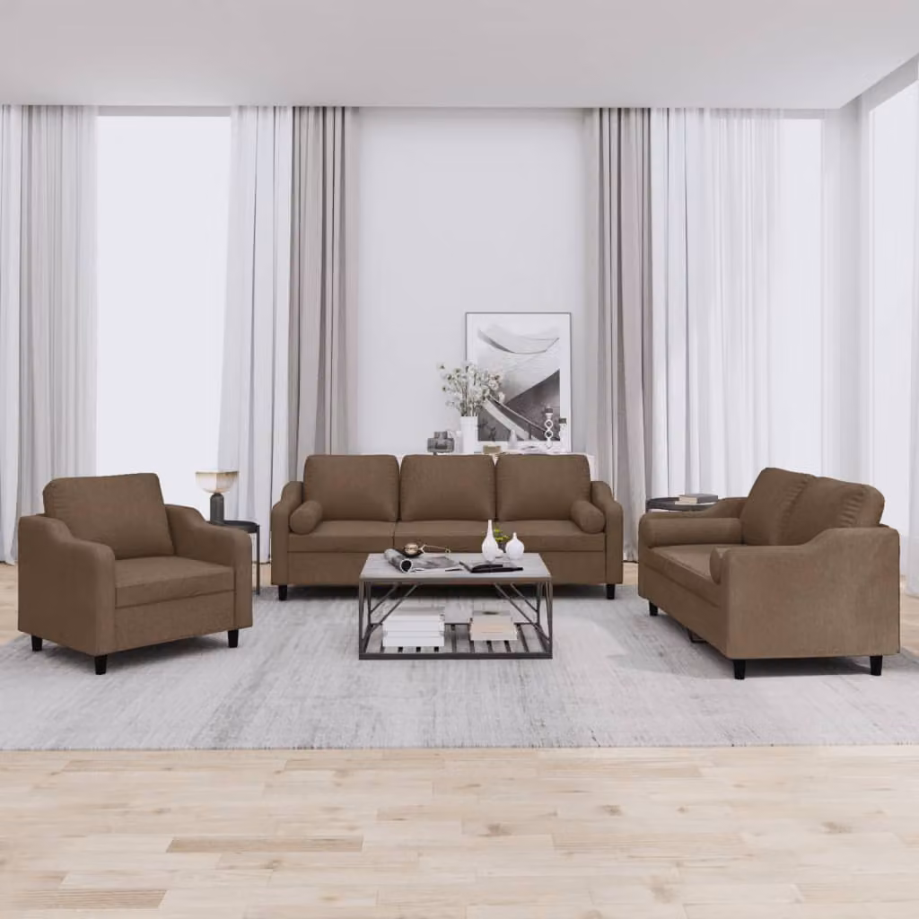 vidaXL Set di Divani 3 pz con Cuscini Marrone in Tessuto