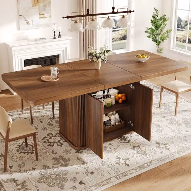 Tavolo da pranzo allungabile da 140 a 180 cm in MDF e metallo, effetto legno marrone scuro