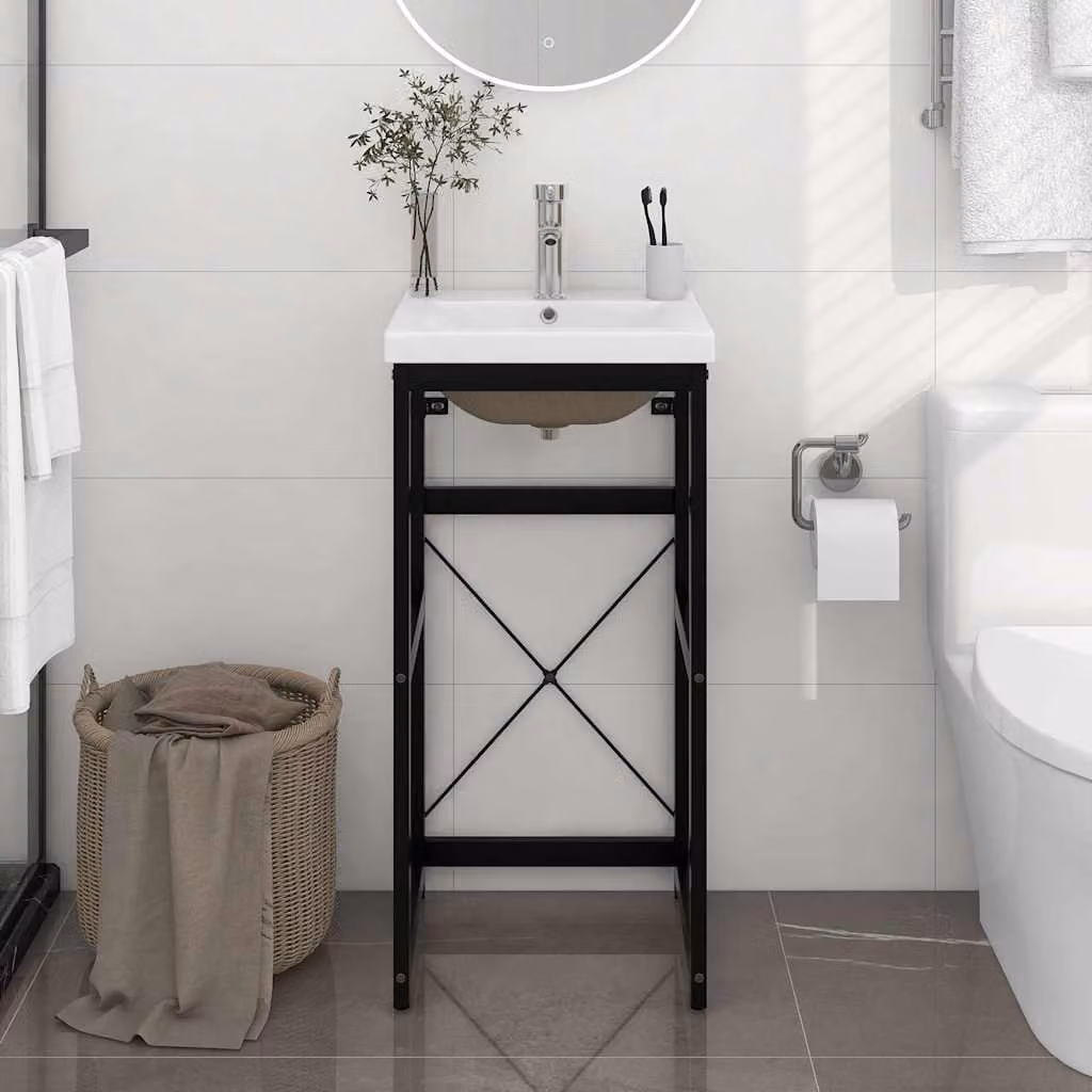 vidaXL Telaio per Lavabo da Bagno con Lavabo Integrato in Metallo e Ceramica Nero Opaco