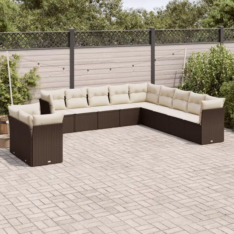 vidaXL Set Divani da Giardino 11 pz a Forma a L in Polyrattan Marrone con Cuscini Bianchi e Imbottitura Mix