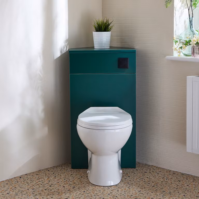 Unità WC Angolare in Verde Scuro con Sanitario a Filo Muro Select e Pulsante di Scarico Nero - Cluo