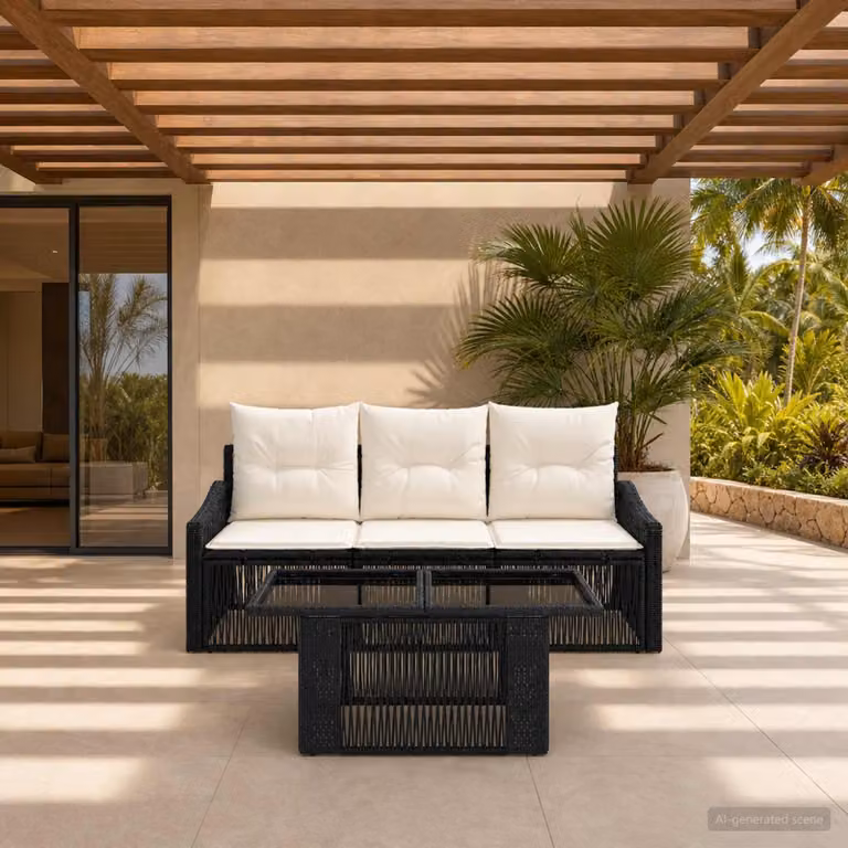 Set Divano da Giardino 4 Pezzi vidaXL in Polyrattan Nero e Bianco Crema con Cuscini e Tavolino da Caffè