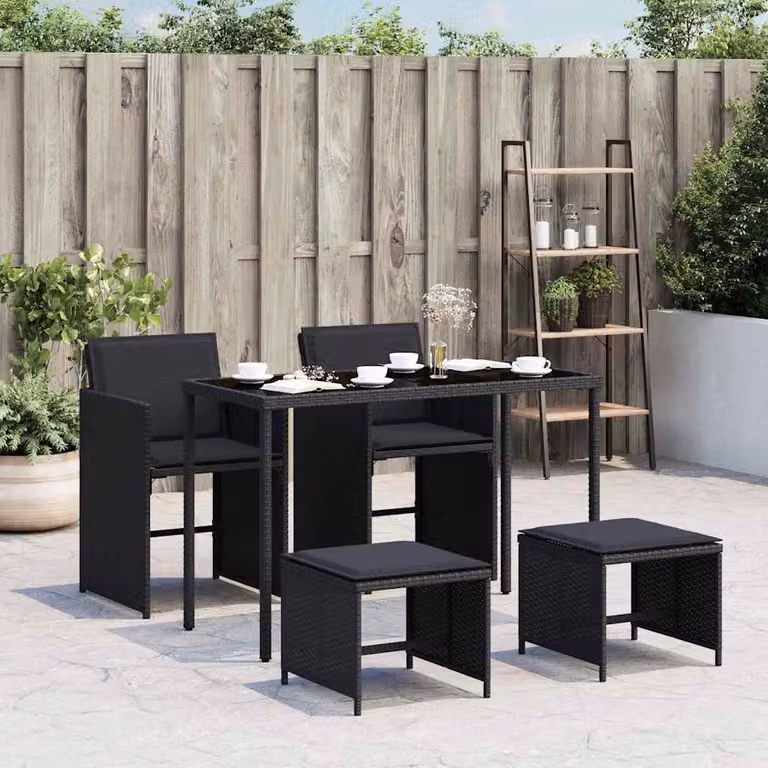 Set da pranzo da giardino vidaXL in polyrattan nero con tavolo in vetro e 5 sedie per esterno