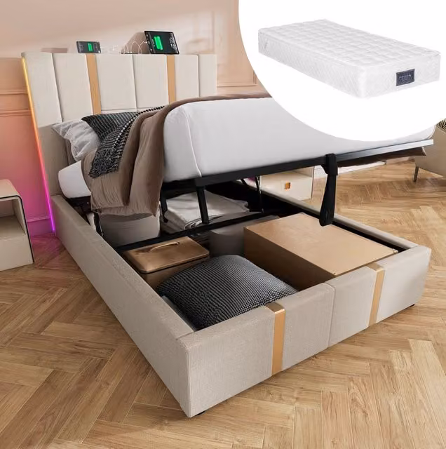 Letto imbottito 90x200 cm beige con materasso, LED RGB, USB-C e vano contenitore