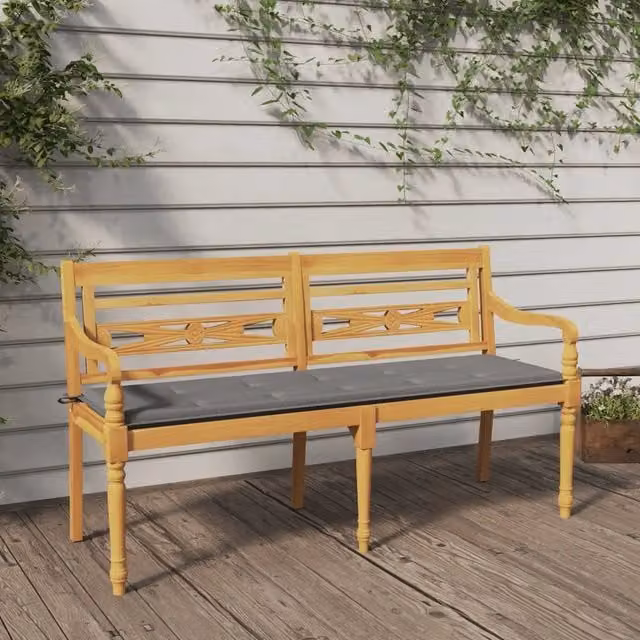 Panchina Batavia vidaXL in legno massello di teak con cuscino grigio L: 150 cm – 1