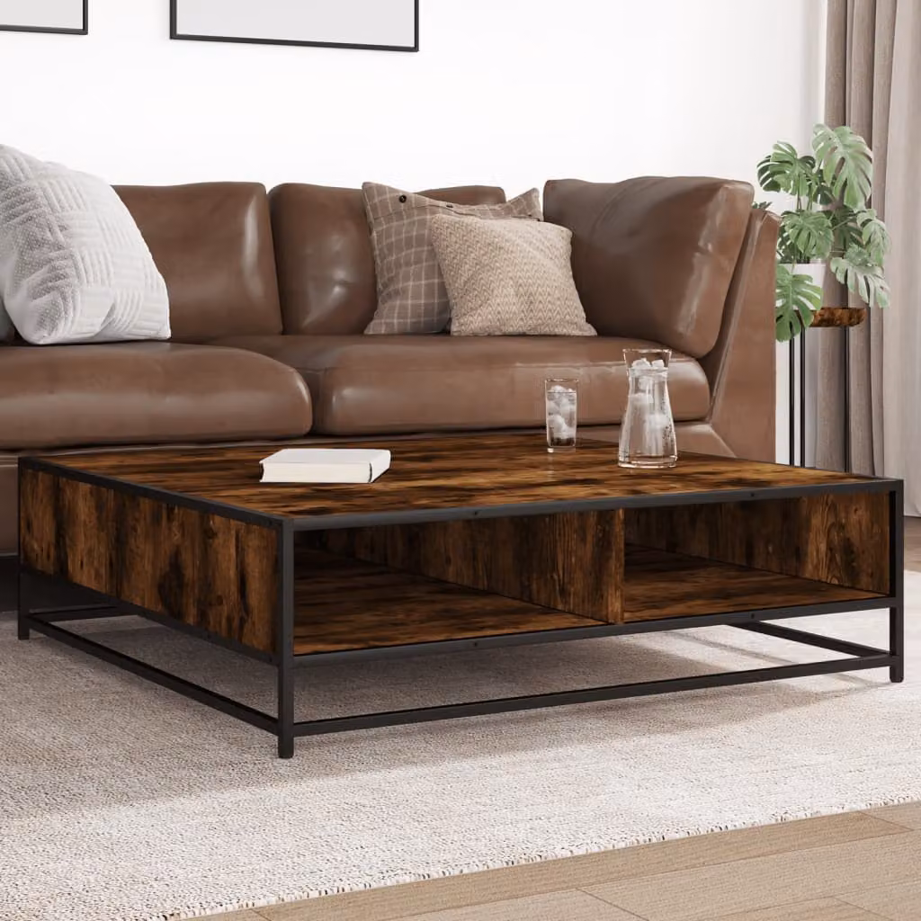 Tavolino da soggiorno quadrato vidaXL in rovere e metallo, colore marrone e nero, L/P/H: 100 x 100 x 30 cm