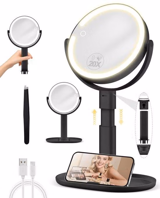 Specchio cosmetico con illuminazione, regolabile, ingrandimento 30x, orientabile, 3 tonalità di luce, nero