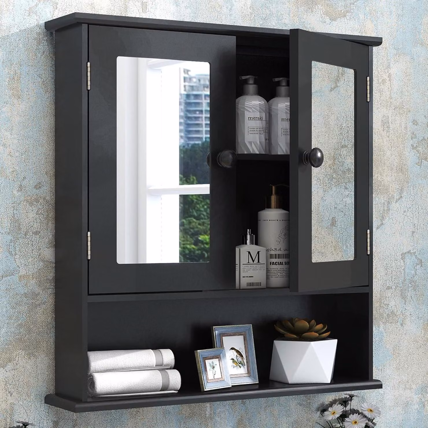 Specchio a muro con 2 ante a specchio, vano aperto, dimensioni 13 x 56 x 58 cm, realizzato in legno, ideale per il bagno