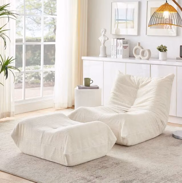 Poltrona relax 100x90x70 cm beige con poggiapiedi, tessuto peluche e schiuma