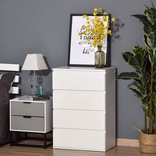 Cassettiera con 4 cassetti senza maniglie in MDF bianco guide ammortizzate cinghie antiribaltamento 55 × 33 × 80 cm