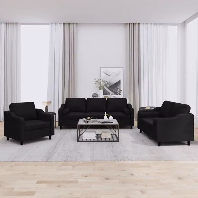 Set di divani 3 pezzi vidaXL in tessuto nero con cuscini per soggiorno moderno – 1