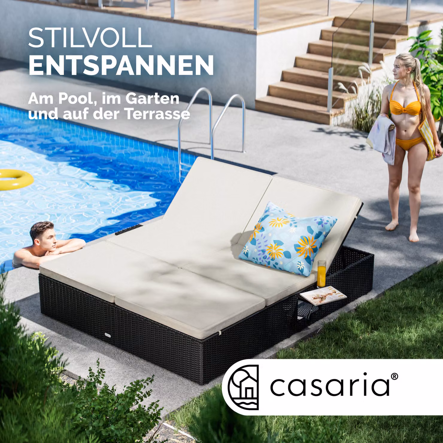 Lettino da giardino CASARIA in polyrattan nero e beige con poggiatesta regolabile e vassoio laterale L/P/H: 220 x 160 x 33 cm – 3